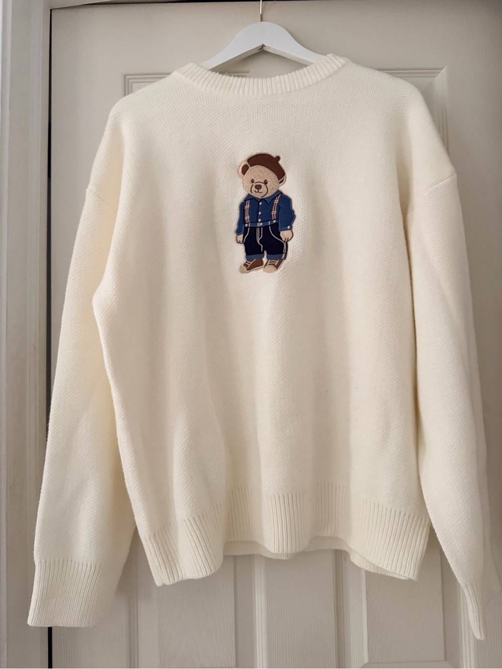 Cream Knit Sweater with Embroidered Teddy Bear